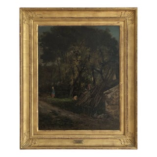 Karl Girardet, Forest Landscape with Child and Chickens, Oil on Wood, Framed For Sale