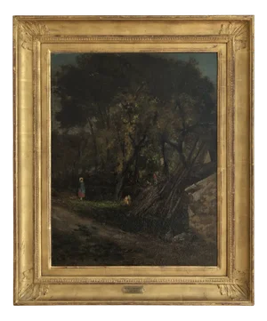Karl Girardet, Forest Landscape with Child and Chickens, Oil on Wood, Framed