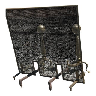 Antique Andirons and Fireplace Screen For Sale