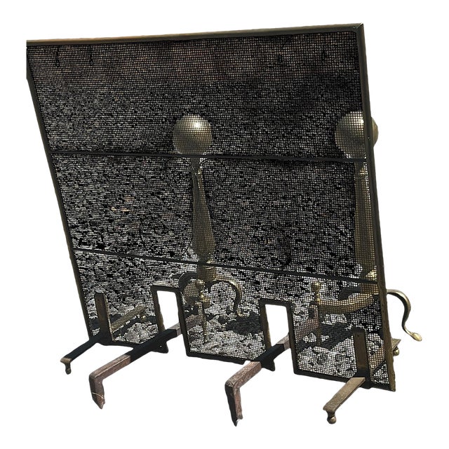 Antique Andirons and Fireplace Screen For Sale