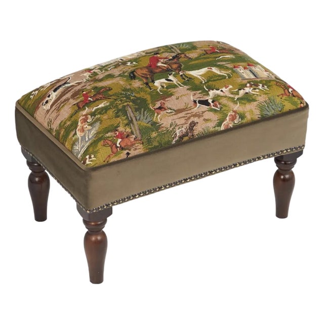 Horse & Hounds Upholstered Stool With Velvet Sides For Sale