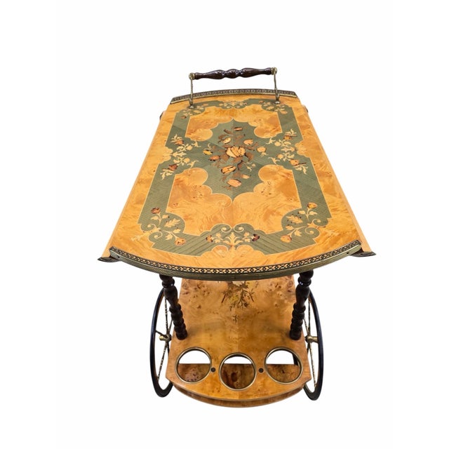Wood Vintage Italian Burl Marquetry Tea Bar Cart For Sale - Image 7 of 12