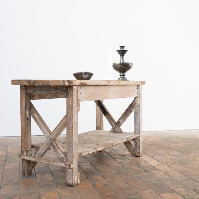 Antique Workshop Table with Crossed Stretchers, France, 1900 For Sale - Image 3 of 8