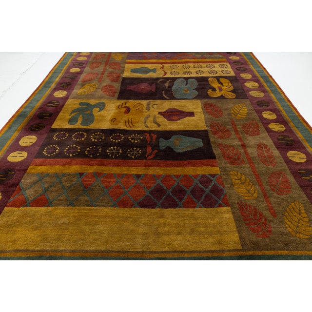 Burgundy Modern Tibetan Hand-Knotted Wool and Silk Rug With Botanical and Geometric Motif For Sale - Image 8 of 10