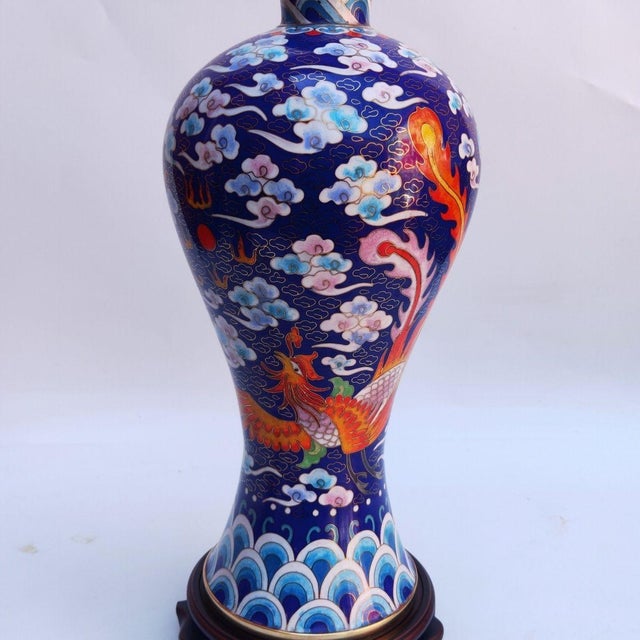 Asian Vintage Cloisonné Enamel Meiping Vase – Dragon & Phoenix Motif, With Box & Stand For Sale - Image 3 of 9