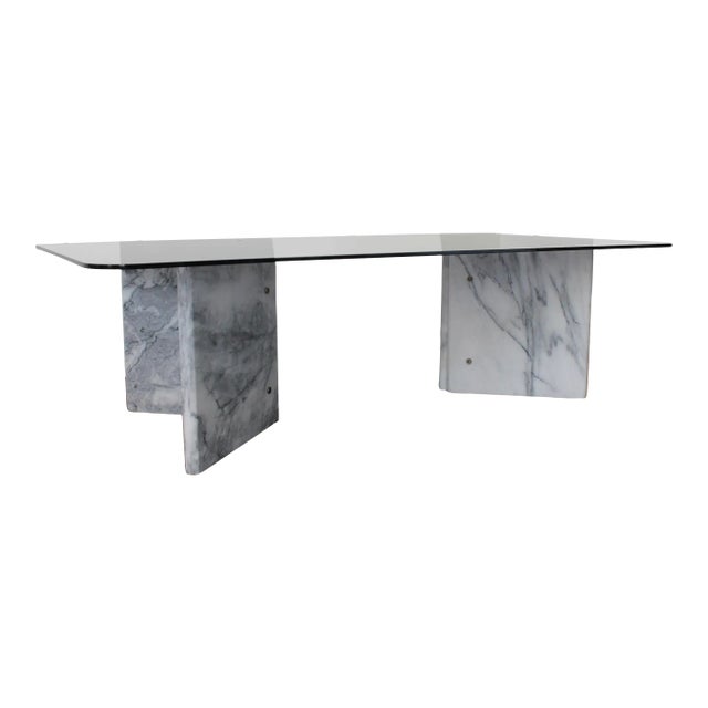 1970's White Carrara Marble Coffee Table With Smoke Glass Top For Sale