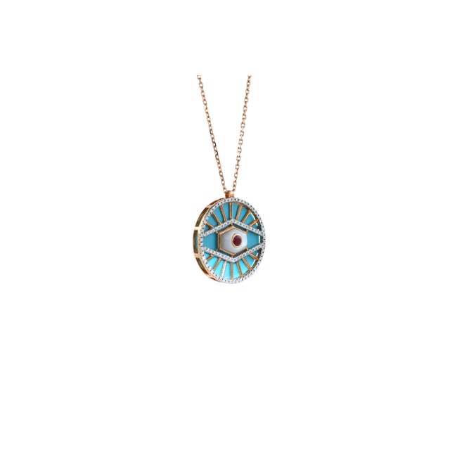Diamond Halo Evil Eye Turquoise 18k Rose Gold Pendant Charm Medallion Necklace For Sale - Image 4 of 18