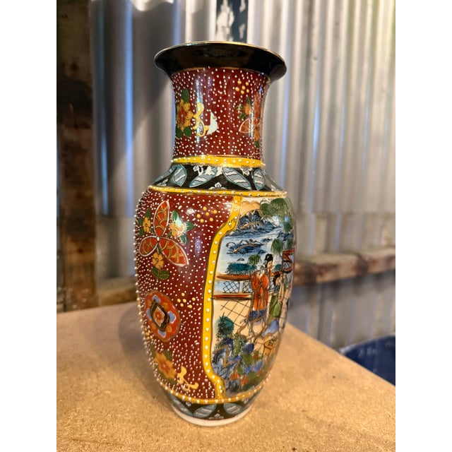 Japanese Satsuma Vase with Court Scene, Moriage Decoration, c. 1920 An elegant hand-painted Japanese Satsuma vase, richly...