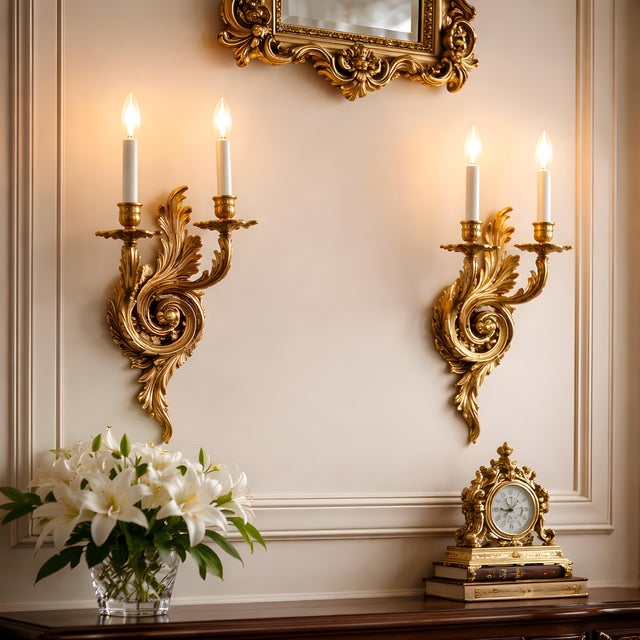 Vintage Gilt Metal Double-Arm Wall Sconces – Louis XV Rococo Style (Pair) For Sale - Image 12 of 12