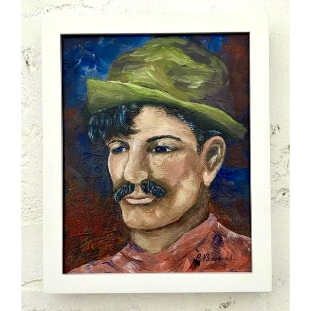 Late 20th Century Vintage Boho Small Portrait of a Man in a White Frame For Sale - Image 5 of 7