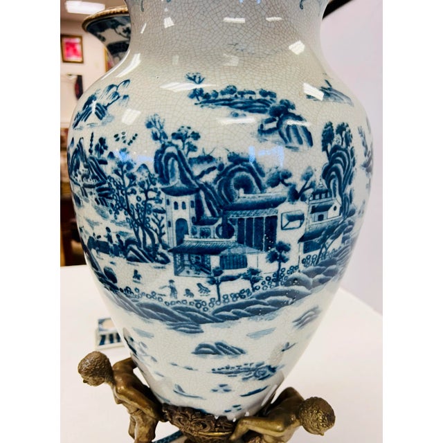 Pair of Tall Chinoiserie Blue and White Urns With Bronze Figural Mounts For Sale In New York - Image 6 of 8