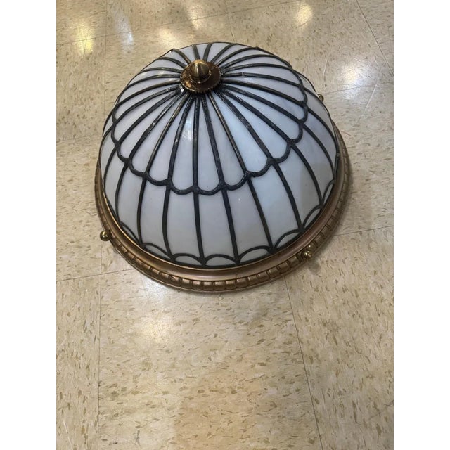 American 1900 Leaded Glass Light Fixture Flush Mount For Sale - Image 3 of 4
