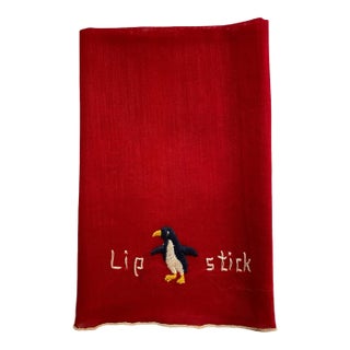 Red Lipstick Towel, Embroidered With Penguin, 1940s For Sale