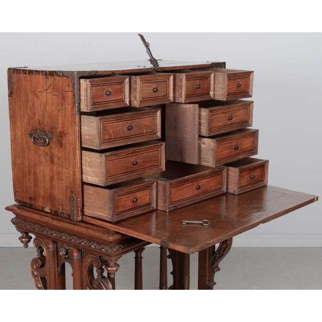 19th Century Spanish Vargueno Desk, Hand-Carved Walnut For Sale - Image 10 of 12