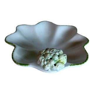 Majolica Italian Cauliflower Scalloped Edged Bowl With Toothpick Holder For Sale