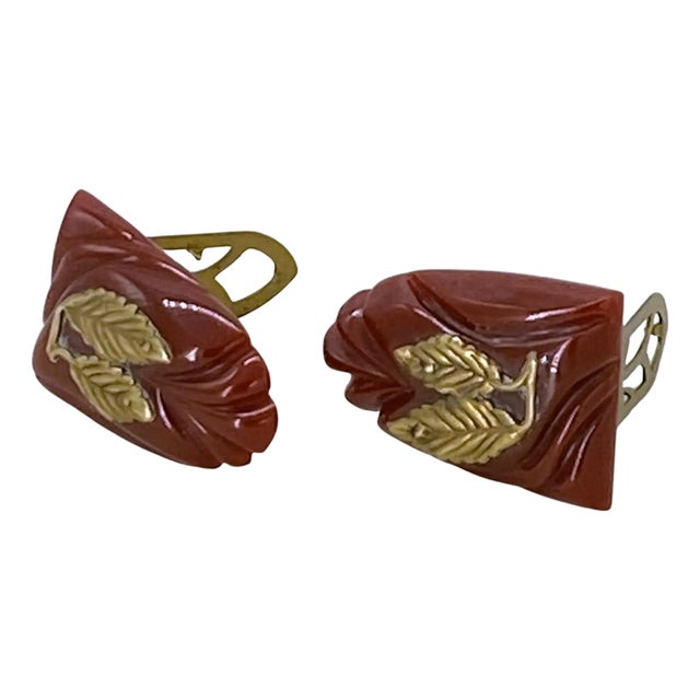 Art Deco Maroon Bakelite Dress Clips/Brooch With Brass Leaves For Sale