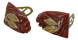 Art Deco Maroon Bakelite Dress Clips/Brooch With Brass Leaves