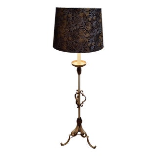 Mid-Century Floor Lamp with Cream-Gold Framed Metal Base and Fabric Shade, 1960s For Sale