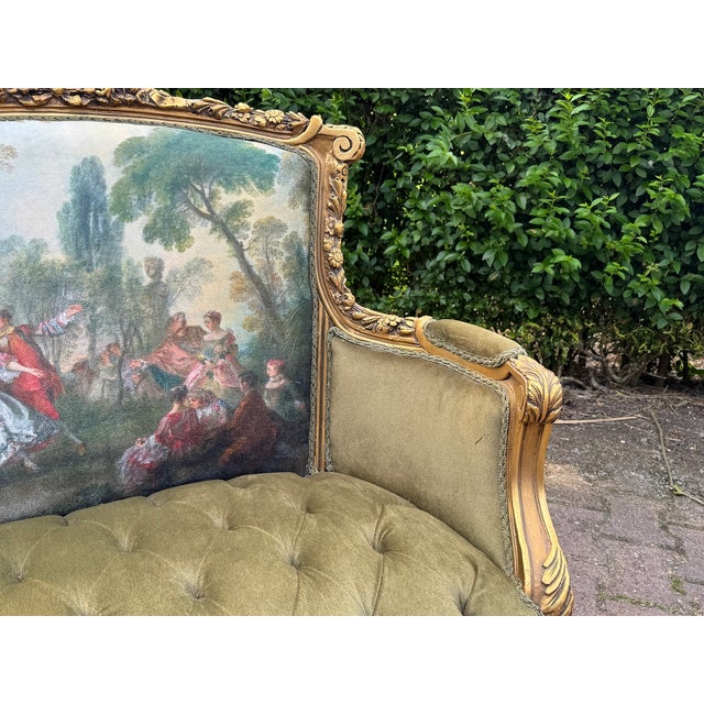 1960s Artisan Louis XVI Gold Beech Green Velvet Settee-1 Pc For Sale - Image 4 of 12
