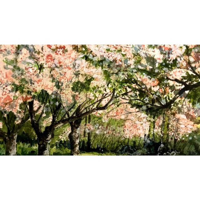 American 1970s Springtime Apple Trees a Watercolor and Gauche Painting by Charles T Haight, a Famous Interior Designer. For Sale - Image 3 of 7