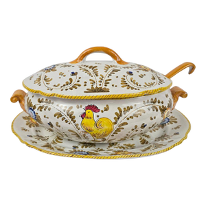 Vintage Italian Majolica Rooster Tureen With Underplate and Ladle- 3 Pieces