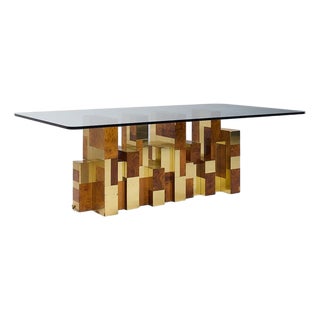 Paul Evans Mid Century Cityscape Burlwood and Brass Dining Table For Sale