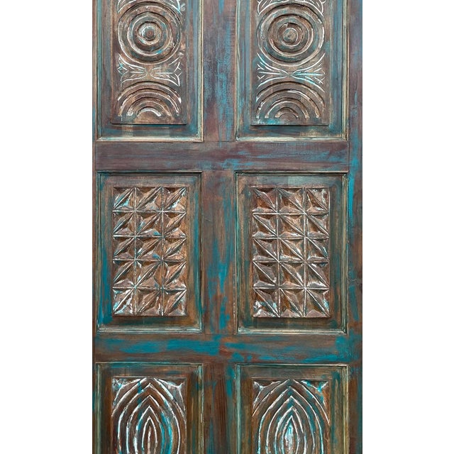 Artisan-Carved Vintage Blue Barn Door – Decorative Closet Door & Architectural Statement Door 80x36 For Sale - Image 4 of 5