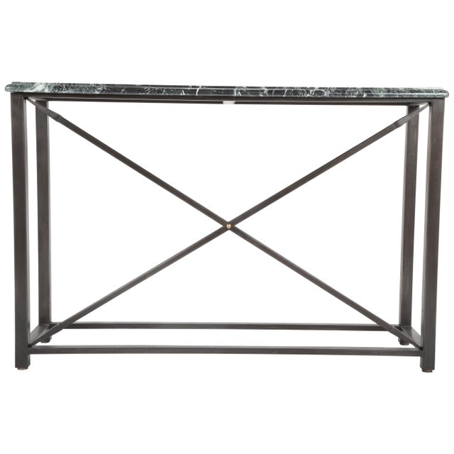 Custom made pair of Neoclassical style console tables with steel X-form bases topped with very handsome Verdi Antico...