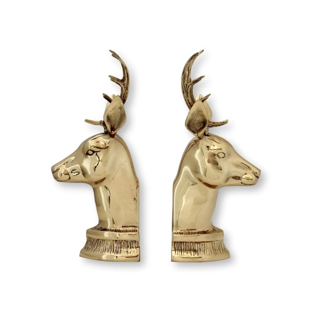 Cabin Polished Brass Stag’s Head Bookends / Mantle Ornaments For Sale - Image 3 of 6