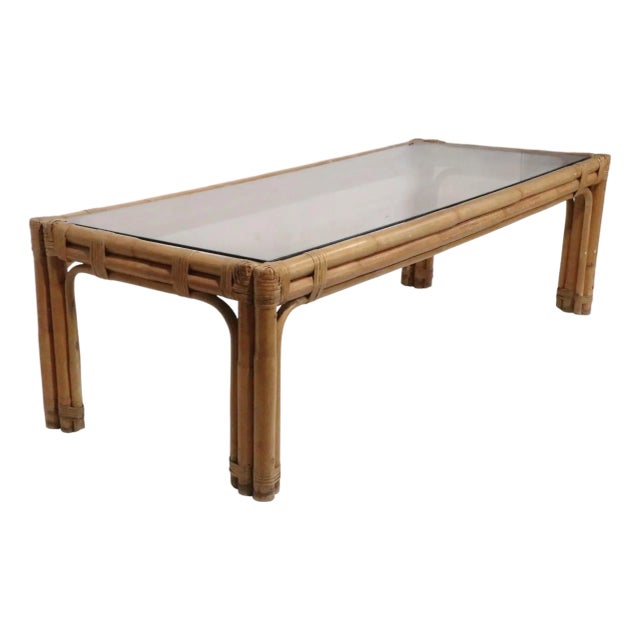 Mid Century Glass Top Bamboo Coffee Table For Sale