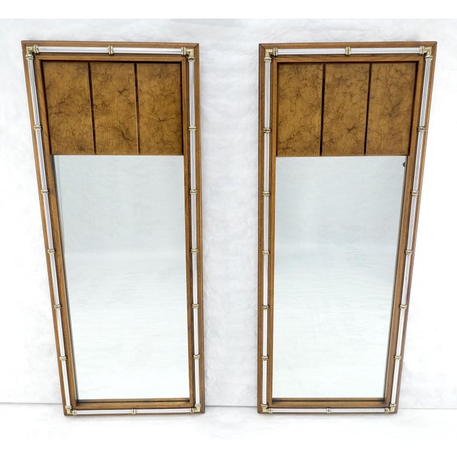 Pair of c1970s Mid Century Faux Bamboo Crome & Burl Rectangle Wall Mirrors MINT For Sale - Image 9 of 16