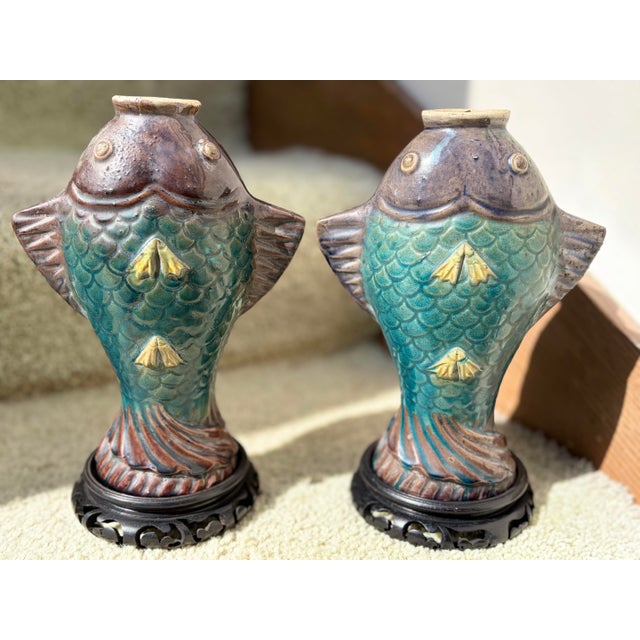 This is a Pair of Antique Chinese Koi Fish Vases, Sancai Glazed in the Tang Dynasty Style. Circa 1930, excellent...