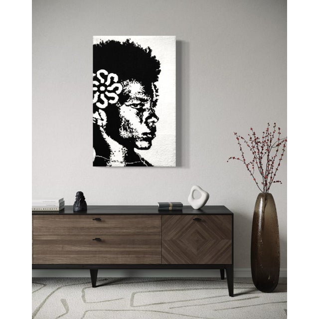 Cedric Vu "Lago" Black and White Tufted Yarn Portrait, High Contrast Figure, Floral Motif, Contemporary California Textile Art, Pop Art, 2025 For Sale In San Francisco - Image 6 of 8