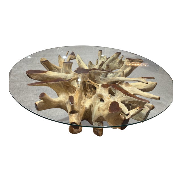 Late 20th Century English Elm “New Orleans” Teak Root Coffee Table With Round Glass Top For Sale