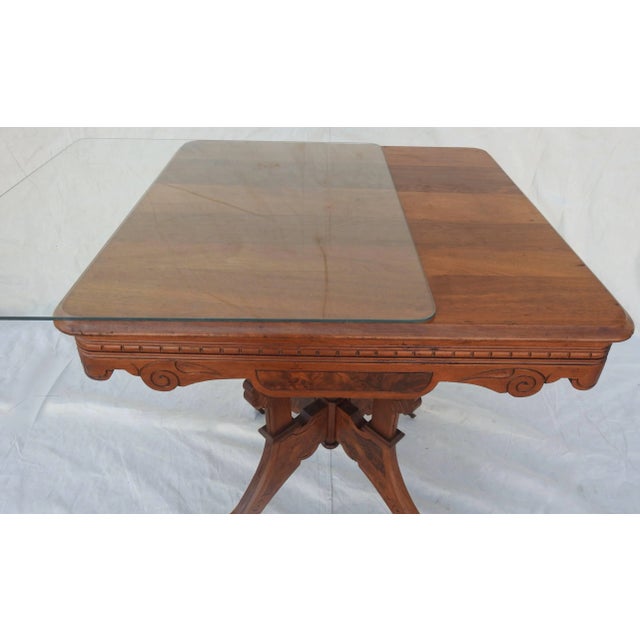 19th Century Victorian Eastlake Burled Walnut Table With Glass Top For Sale - Image 9 of 13