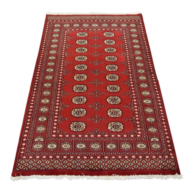 Bokhara Rug 4'1'' X 6'3'' Red Wool Tribal Hand-Knotted Oriental Carpet For Sale