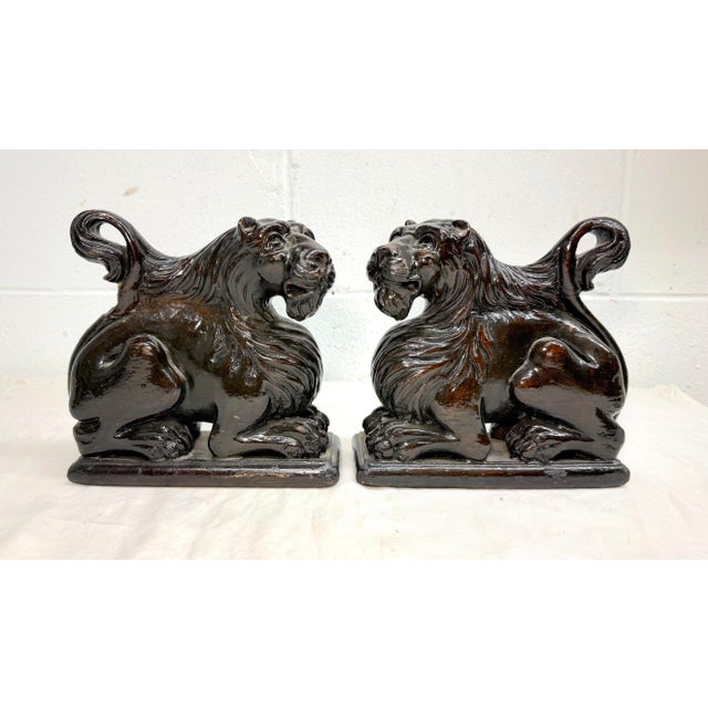 Pair of Antique 1800's Carved Wood Architectural Salvage Lion Sculpture Statue For Sale - Image 4 of 13