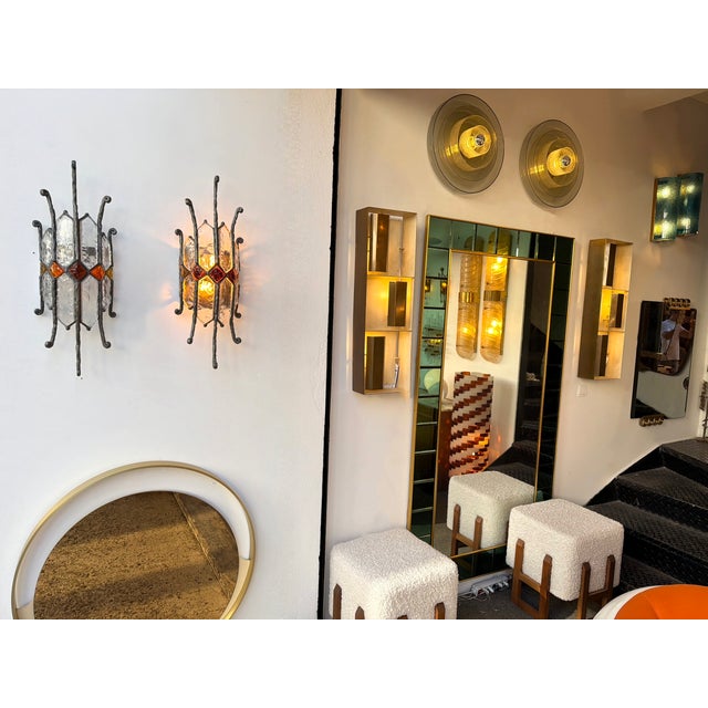 Pair of Mid-Century Modern wall lamps light lighting sconces amber, red and clear hammered glass and wrought iron with...