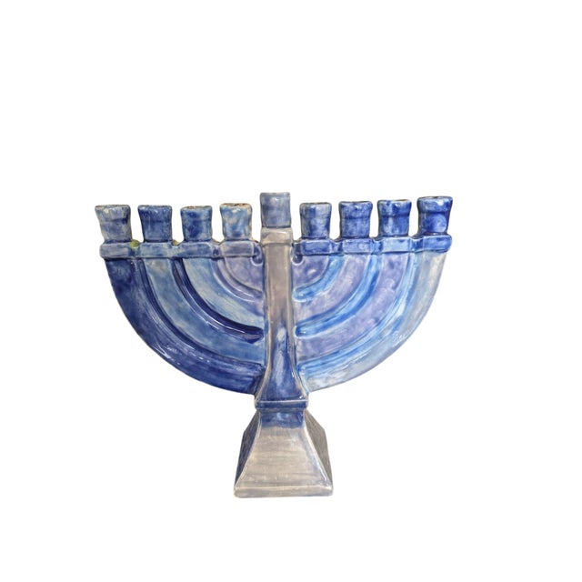 2000 - 2009 Vintage Hand Painted Ceramic Studio Pottery Menorah For Sale - Image 5 of 16