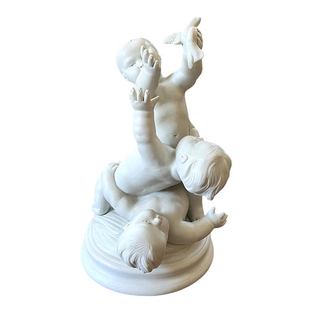 Antique Edmé Samson Paris White Bisque Porcelain Sculpture of Three Children With a Bird For Sale