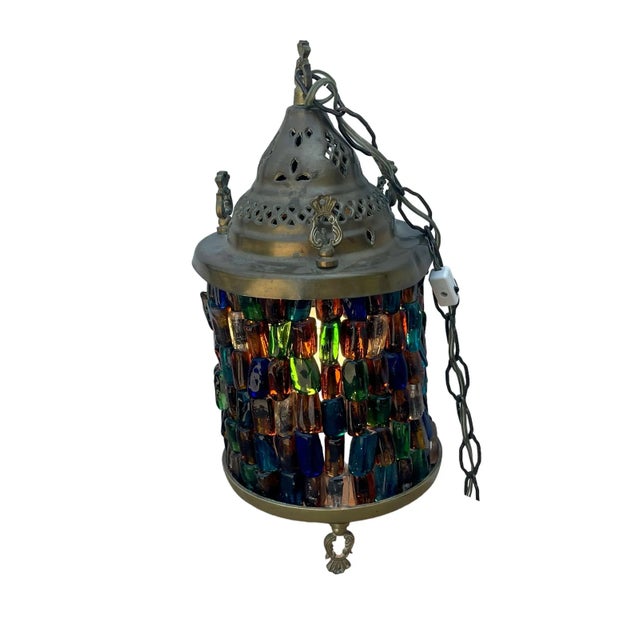 Mid-Century Handcrafted Brass Lantern/Swag Lamp in Multicolored Hebron Glass, 1950s