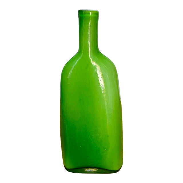Large Mid-Century Modern Green Art Glass Bottle Vase For Sale