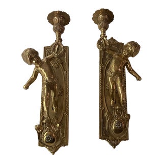 Vintage Bronze Italy Torch Cherub Putto Wall Sconces Brass Gilt Candlestick Holders - a Pair For Sale