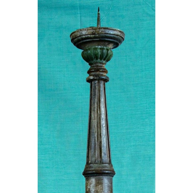 Wood Antique Polychrome Turned Wood Pricket Candlestick on Tripod Base For Sale - Image 7 of 12