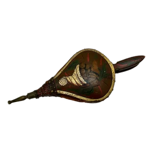 Antique Early 1900s Classic Turtle Back & Tole Style Hand Painted Wood Leather & Brass Fireplace Bellows