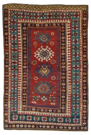 19th-Century Red Rug with Multiple Borders, 1870s