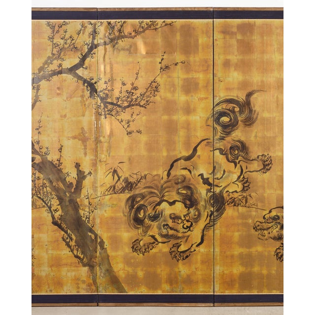Mid 20th Century Mid 20th Century Japanese Showa Four Panel Screen Pair of Karashishi Foo Dogs For Sale - Image 5 of 18
