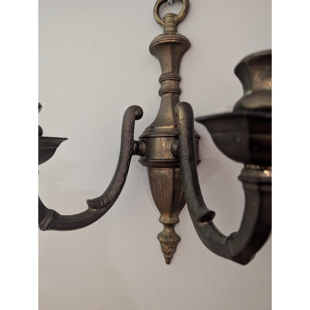 Metal Vintage Pair of Brass Double Arm Wall Candle Scones - a Pair For Sale - Image 7 of 12