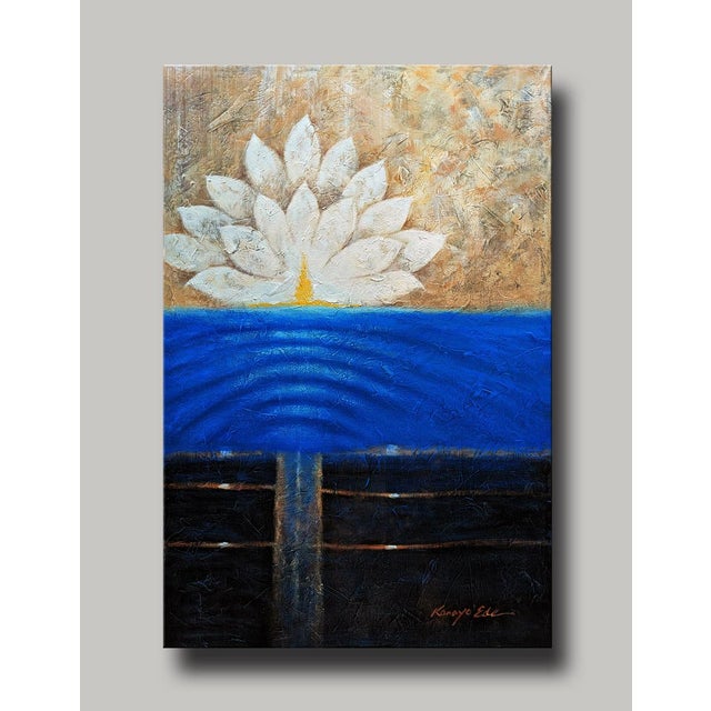 Peaceful Lotus: 24in x 36in Blue Beige White and Black Lotus Flower Abstract Painting On gallery wrap Canvas. Painting...