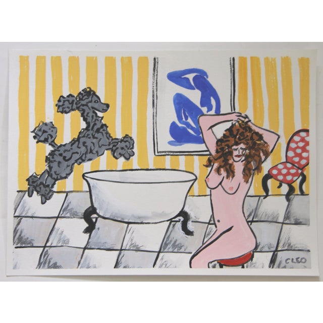 Pop Art Nude and Poodle Dog Interior Seascape a La Matisse Goldenrod Blue Red Gray Surreal Impressionism Original Painting Cleo Plowden For Sale - Image 3 of 8